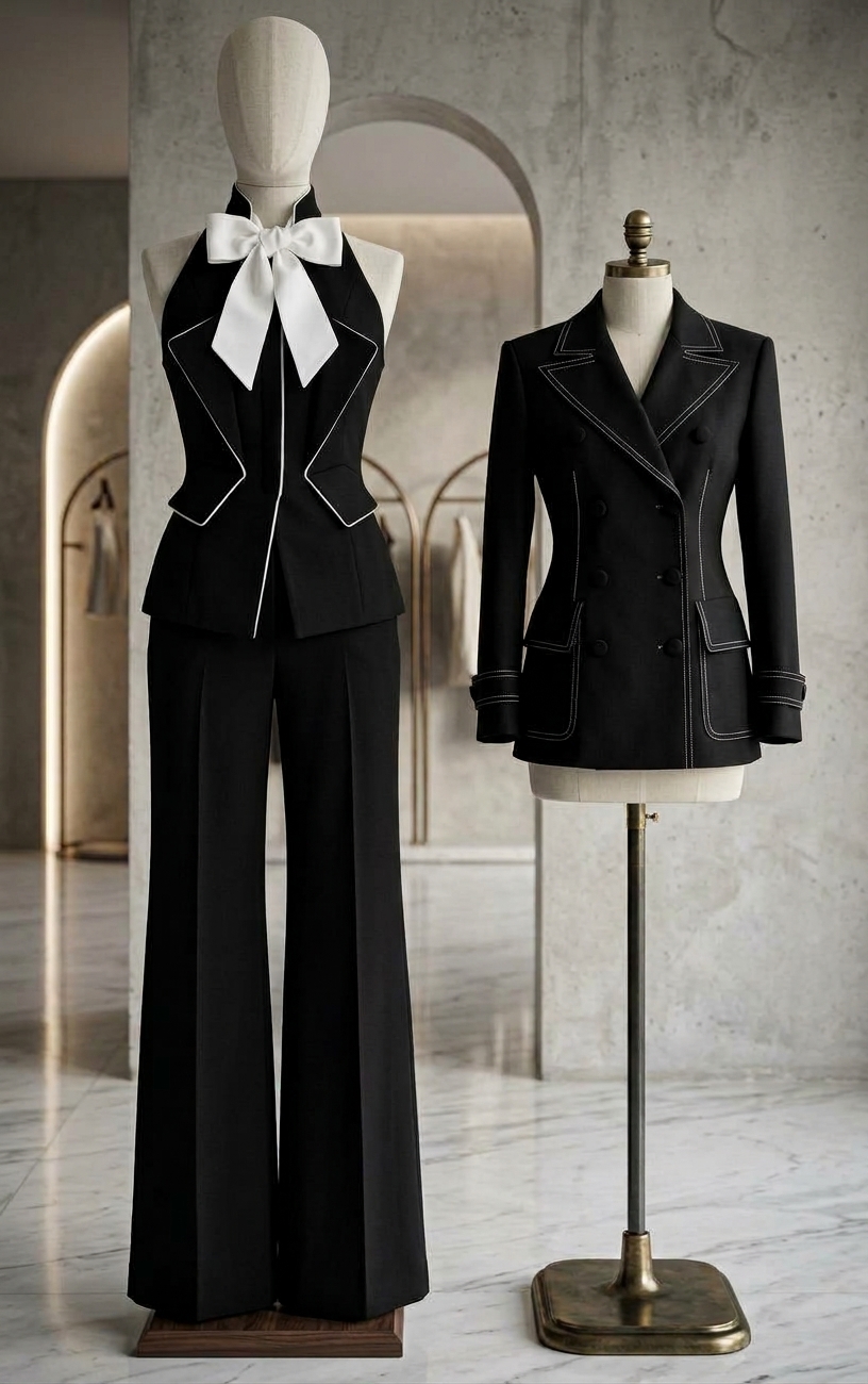 The Cora halter waistcoat and atelier blazer on mannequins